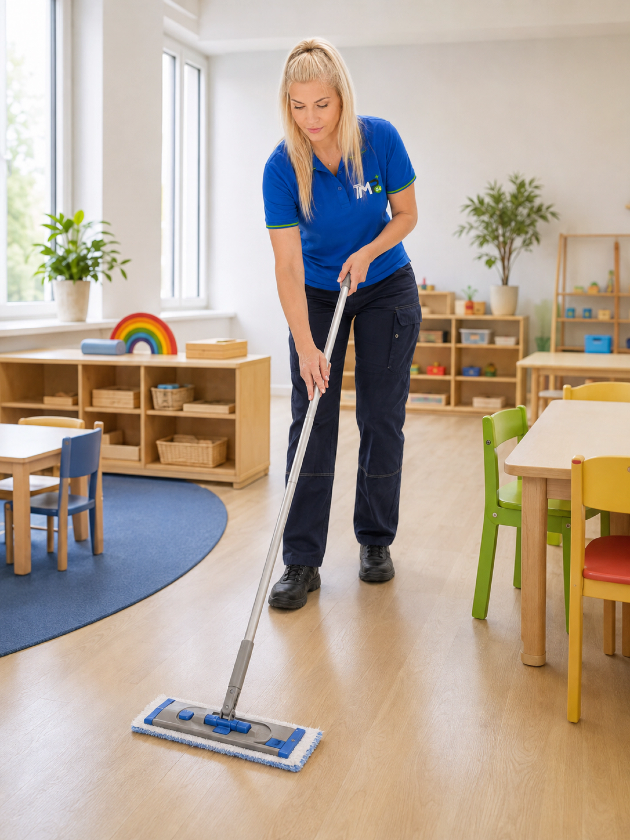 Mitarbeiterin von MeisterPutz24 bei der Bodenreinigung in einem Kindergarten